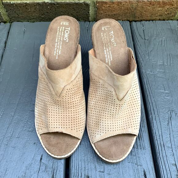 TOMS Sandstorm Tan Perforated Suede Nubuck Majorca Mule Sandal Shoe Peep Toe 8.5 - Picture 1 of 9